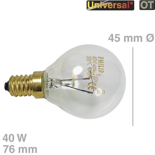 Klick zeigt Details von Lampe E14 40W 45mmØ 76mm 220/230V Kugelform, Universal! OT!